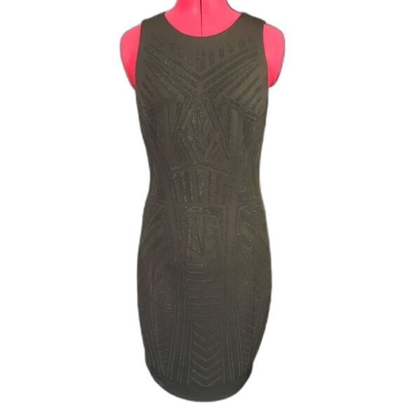 Badgley Mischka Belle Dress Women Size 6 Black Aztec Beading Sleeveless Sheath - Picture 1 of 10